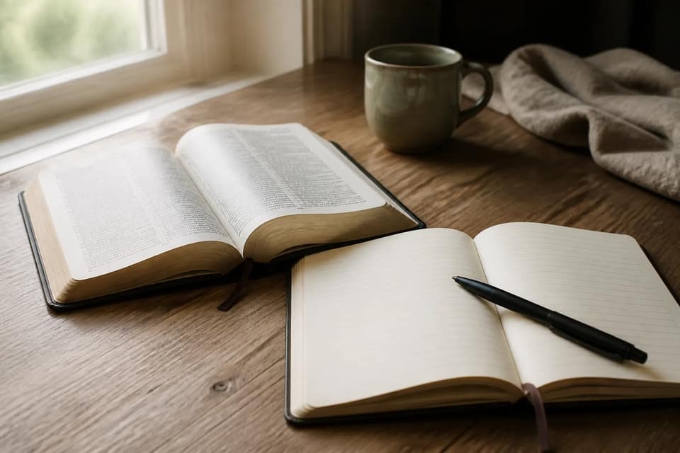 Open Bible beside a prayer journal and pen